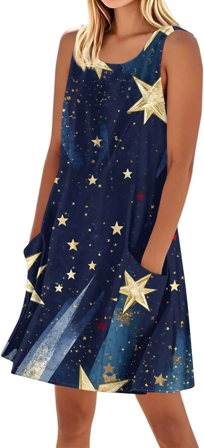 American Flag Dress for Women Sleeveless American Flag Patriotic Elastic High Waist Sundress Summer 2025