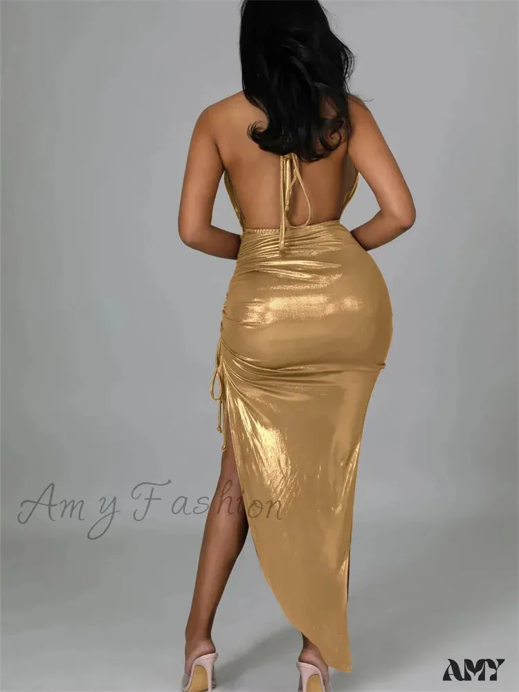 Amy Fashion - Sexy Women Halter   V-neck Off Shoulder Drawstring High Split Backless Tie-Up Wrap Hip Slim