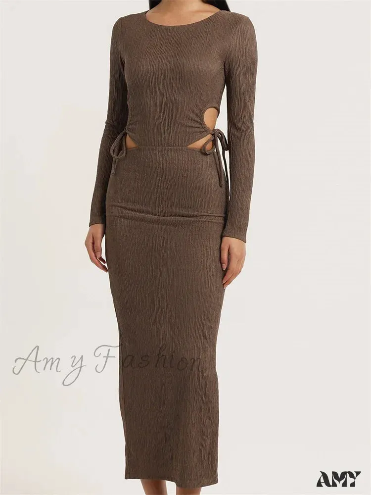 Amy Fashion - Women Autumn Knitted Slim Fit  Solid Round Neck Back Split  Sleeve Hollow Out Tie Up Party Vestido
