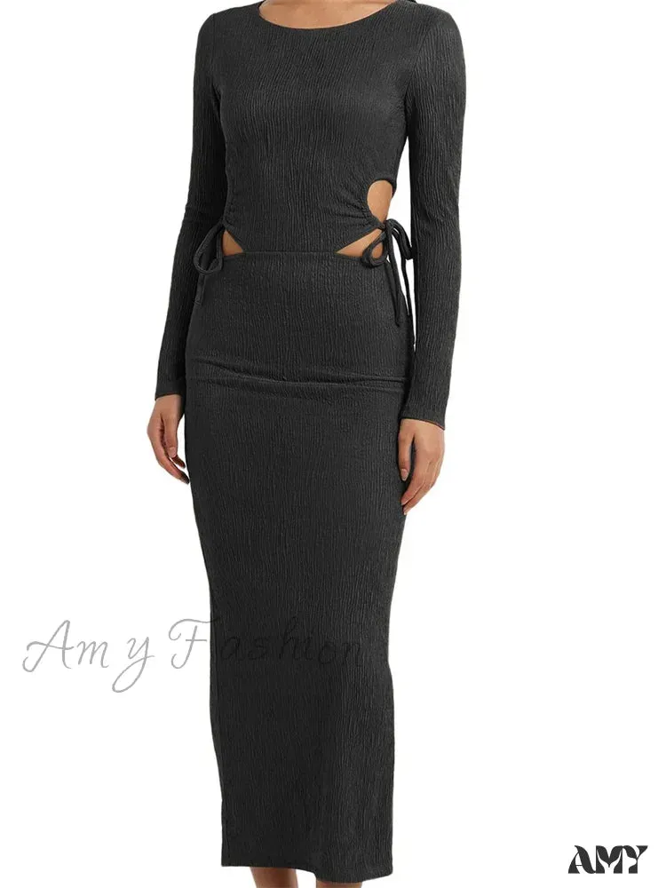 Amy Fashion - Women Autumn Knitted Slim Fit  Solid Round Neck Back Split  Sleeve Hollow Out Tie Up Party Vestido