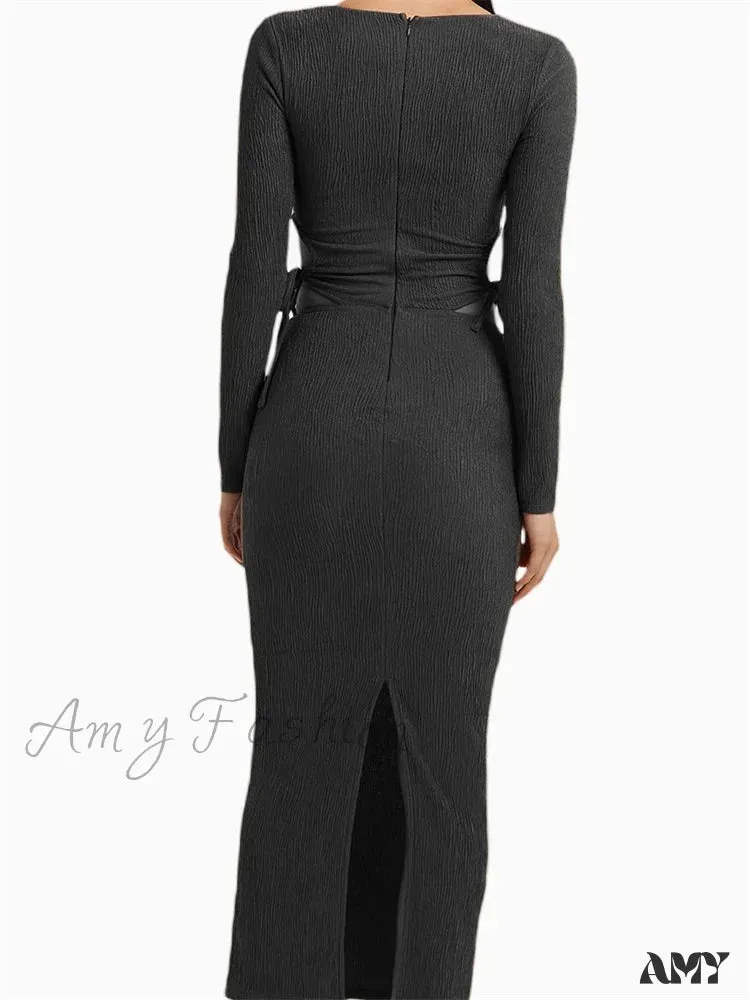 Amy Fashion - Women Autumn Knitted Slim Fit  Solid Round Neck Back Split  Sleeve Hollow Out Tie Up Party Vestido