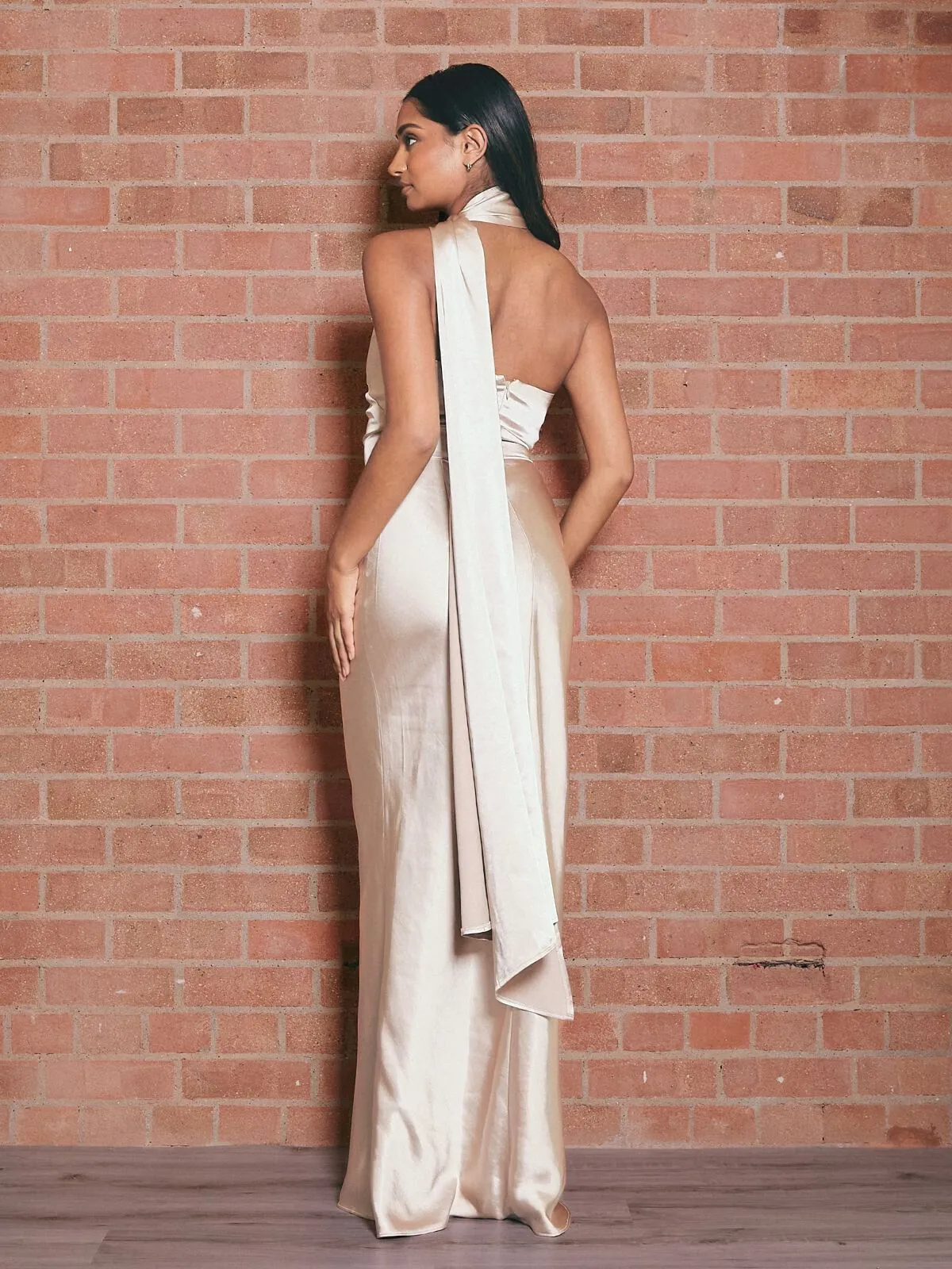 Asymmetric Scarf Satin Maxi Dress / Champagne