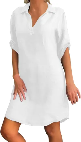 Beach Cover Ups for Women Loose Fit Cotton and Linen Short Sleeve Shirt Lapel Dresses Bathing Suit Cover Up Dresses