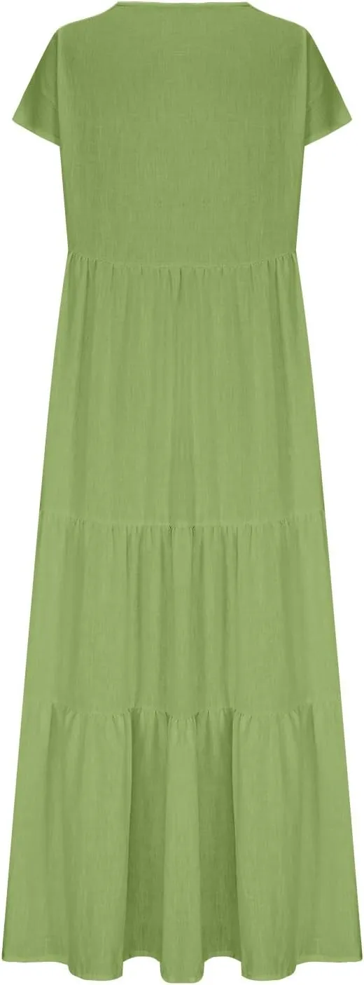 Boho Dresses for Women 2025 V Neck Cotton Linen Maxi Dress Oversized Flowy Summer Dress Beach Vacation Casual Dresses