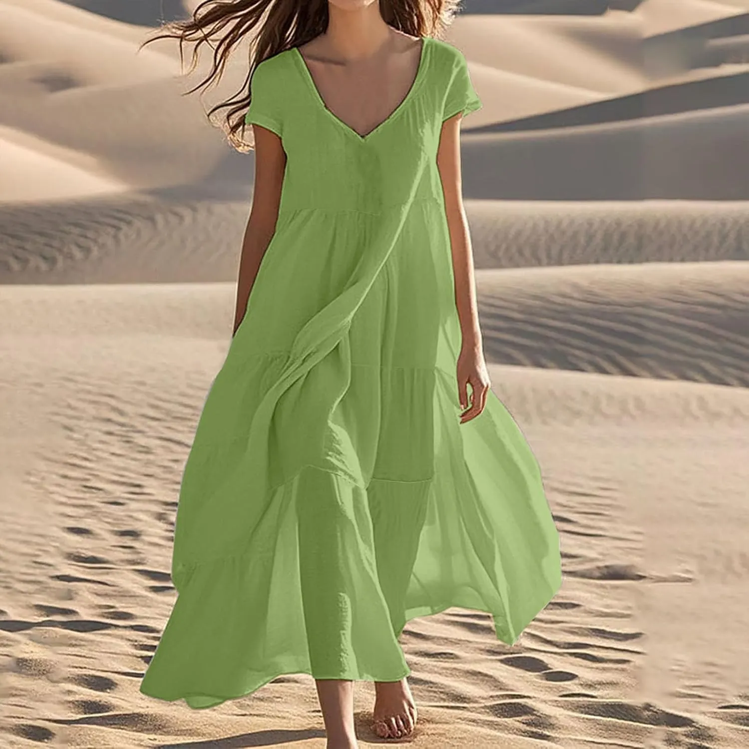 Boho Dresses for Women 2025 V Neck Cotton Linen Maxi Dress Oversized Flowy Summer Dress Beach Vacation Casual Dresses