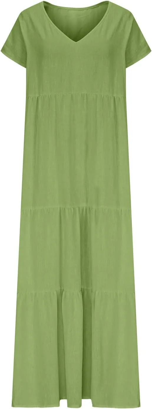Boho Dresses for Women 2025 V Neck Cotton Linen Maxi Dress Oversized Flowy Summer Dress Beach Vacation Casual Dresses
