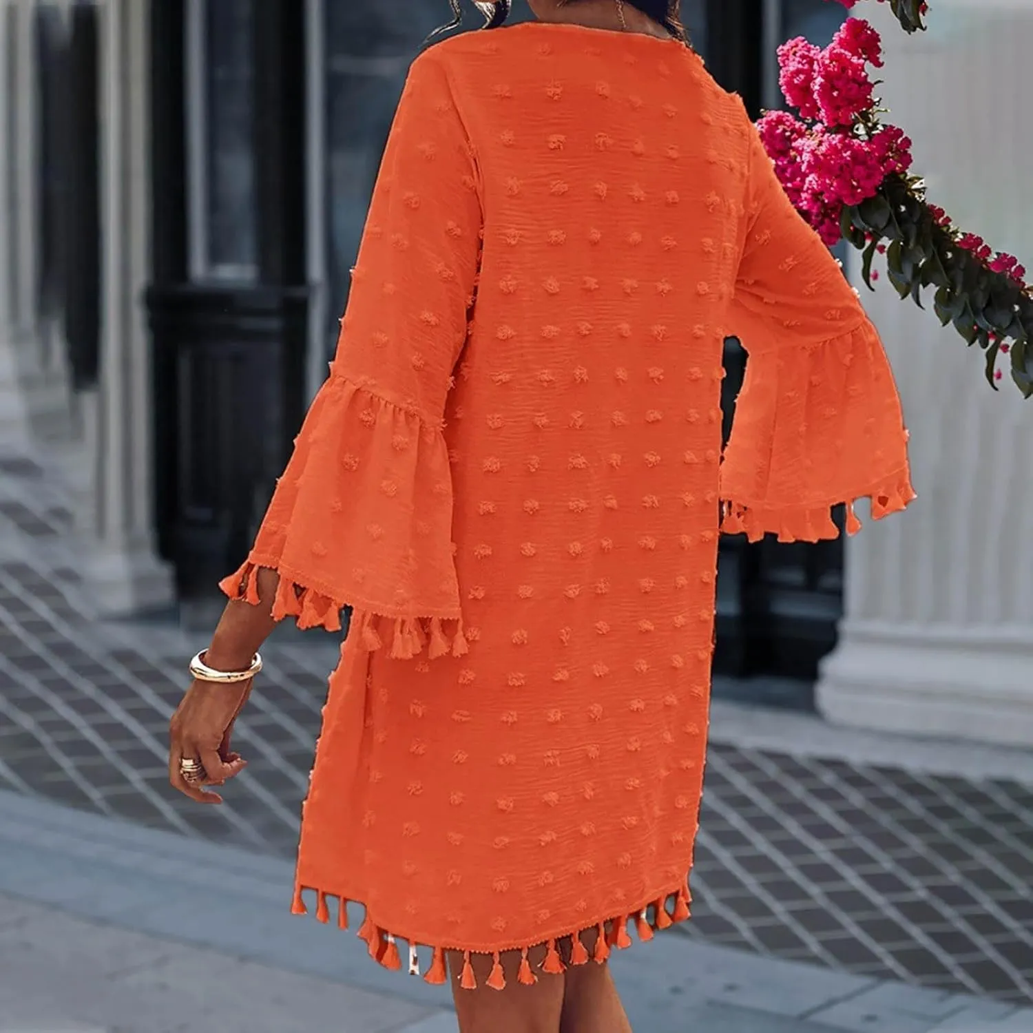 Borniu Women's 2025 Summer Tassels Dress Swiss Polka Dot V-Neck Bell Sleeve Shift Dress Casual Loose Flowy Mini Dresses