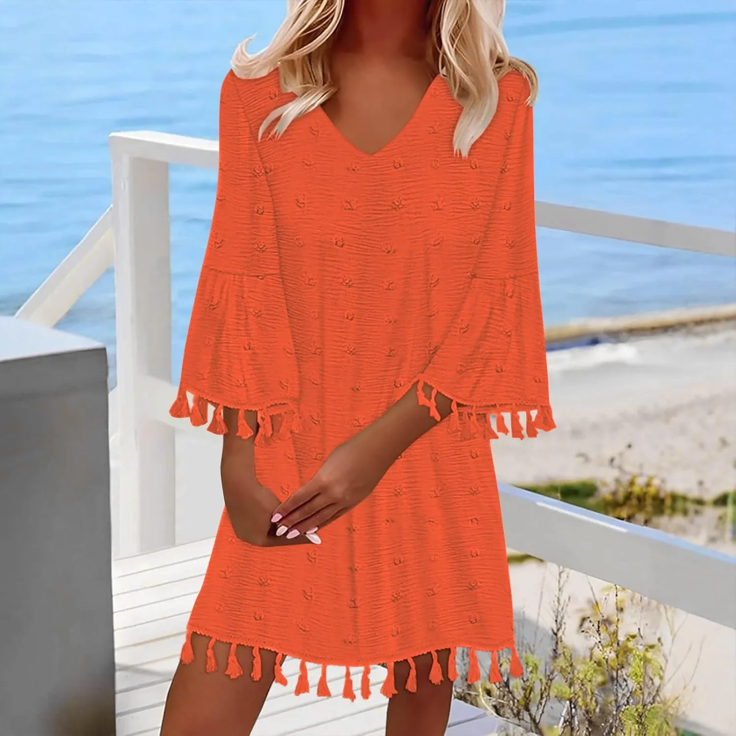 Borniu Women's 2025 Summer Tassels Dress Swiss Polka Dot V-Neck Bell Sleeve Shift Dress Casual Loose Flowy Mini Dresses