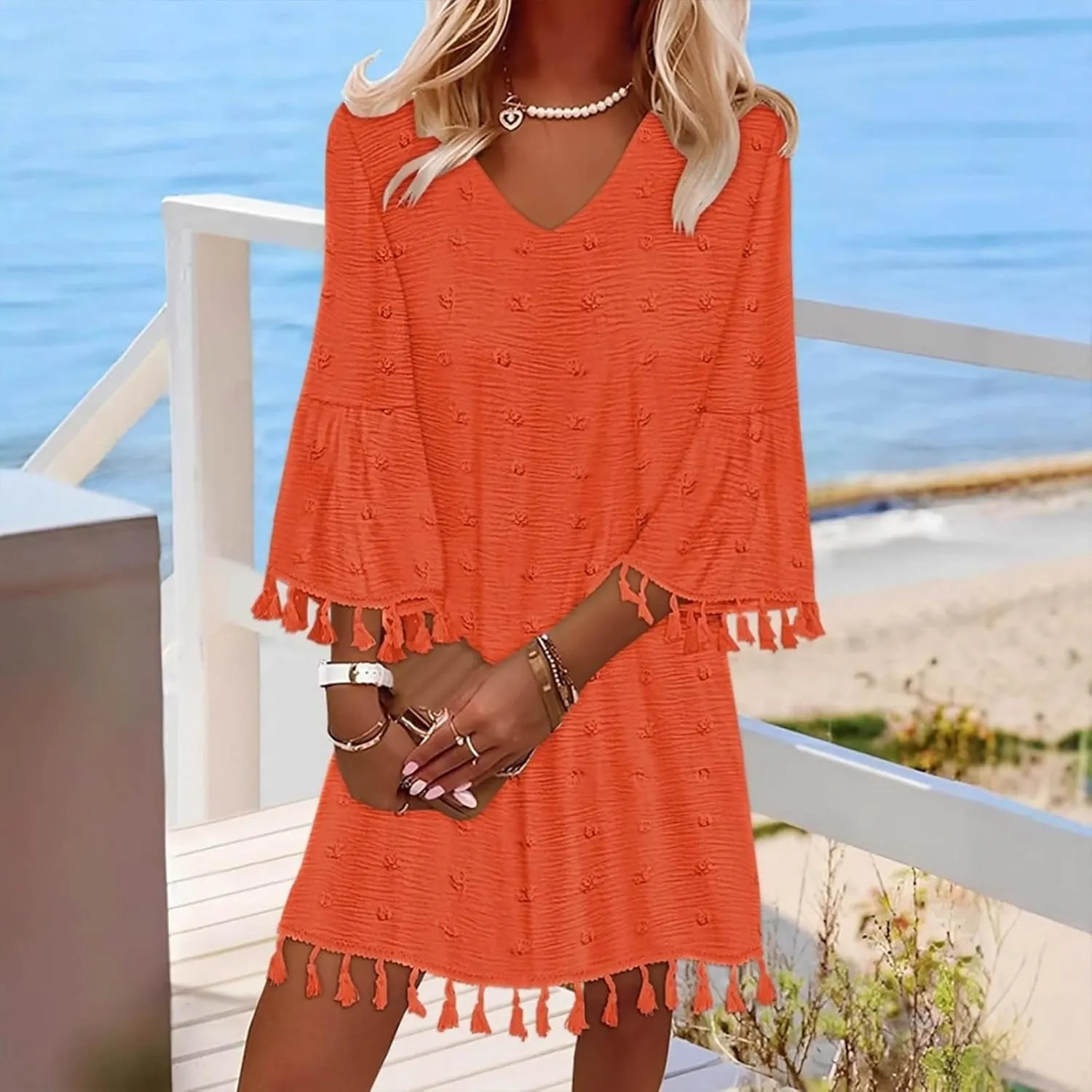 Borniu Women's 2025 Summer Tassels Dress Swiss Polka Dot V-Neck Bell Sleeve Shift Dress Casual Loose Flowy Mini Dresses