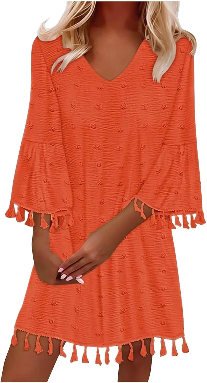 Borniu Women's 2025 Summer Tassels Dress Swiss Polka Dot V-Neck Bell Sleeve Shift Dress Casual Loose Flowy Mini Dresses