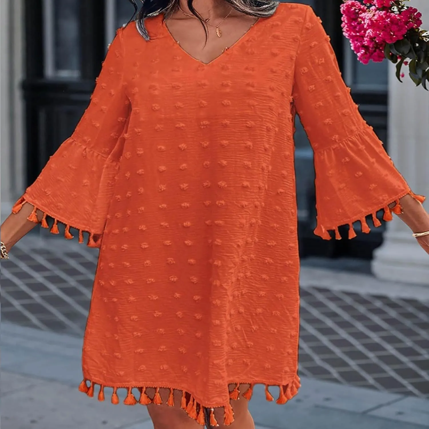Borniu Women's 2025 Summer Tassels Dress Swiss Polka Dot V-Neck Bell Sleeve Shift Dress Casual Loose Flowy Mini Dresses
