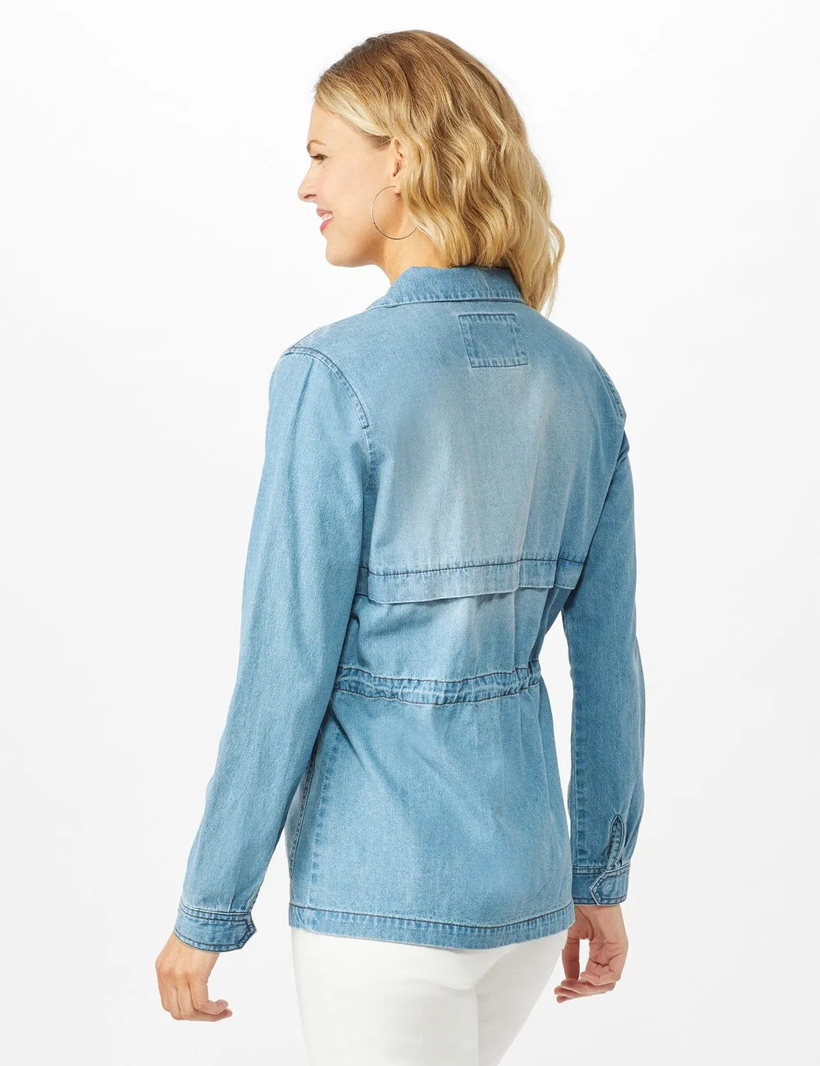 Denim Utility Jacket With Flap Pockets and Hidden Waist Drawcord