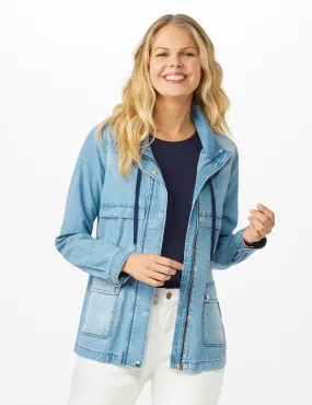 Denim Utility Jacket With Flap Pockets and Hidden Waist Drawcord