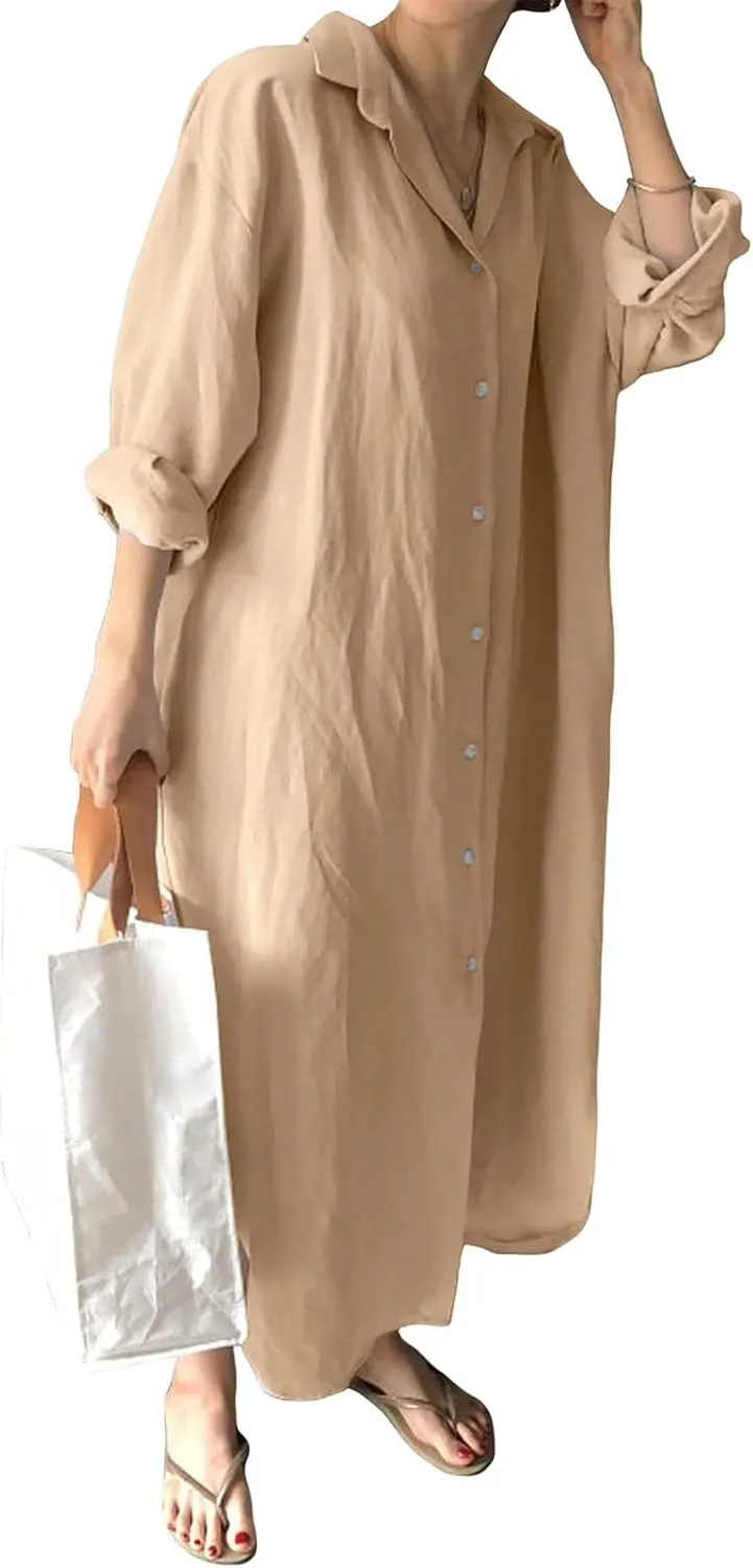 Dresses for Women 2025 Casual Long Sleeve Cotton Blouse Dress Button Down Shirt Maxi Dresses Side Slit Shift Dress