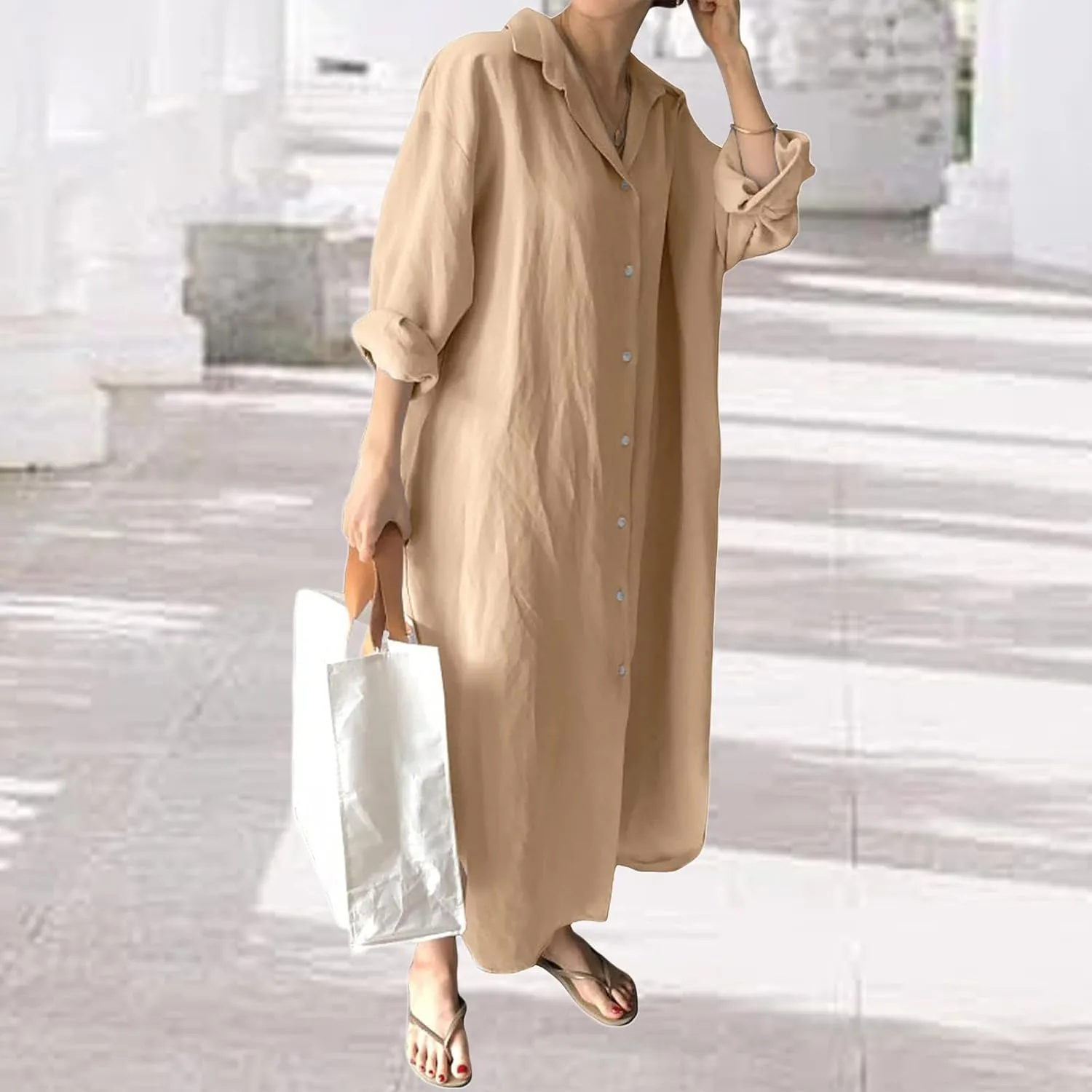 Dresses for Women 2025 Casual Long Sleeve Cotton Blouse Dress Button Down Shirt Maxi Dresses Side Slit Shift Dress