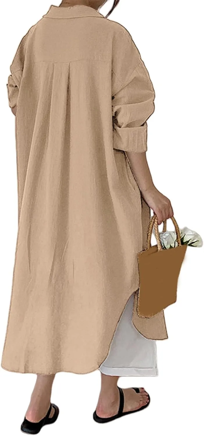 Dresses for Women 2025 Casual Long Sleeve Cotton Blouse Dress Button Down Shirt Maxi Dresses Side Slit Shift Dress