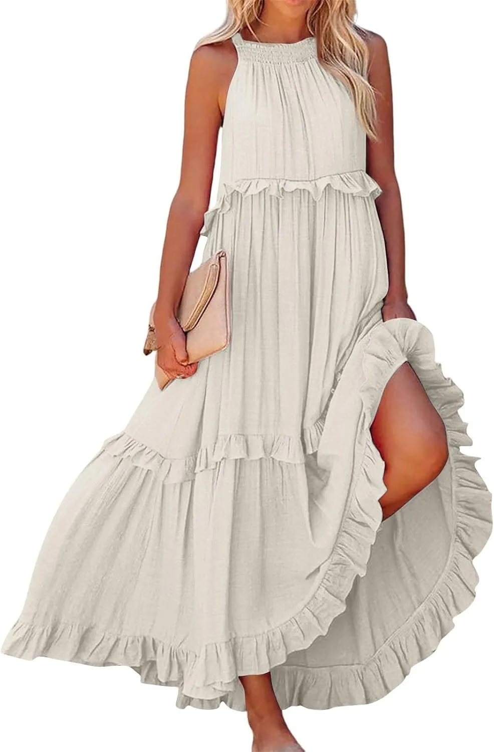 Elegant Women's Sleeveless Maxi Summer Beach Long Loose Flowy Ruffle Tiered Maxi Dress with Pockets