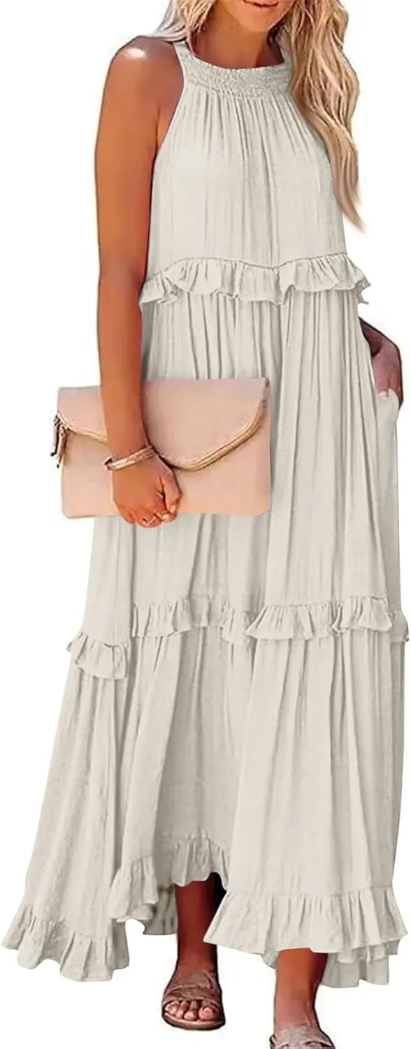 Elegant Women's Sleeveless Maxi Summer Beach Long Loose Flowy Ruffle Tiered Maxi Dress with Pockets