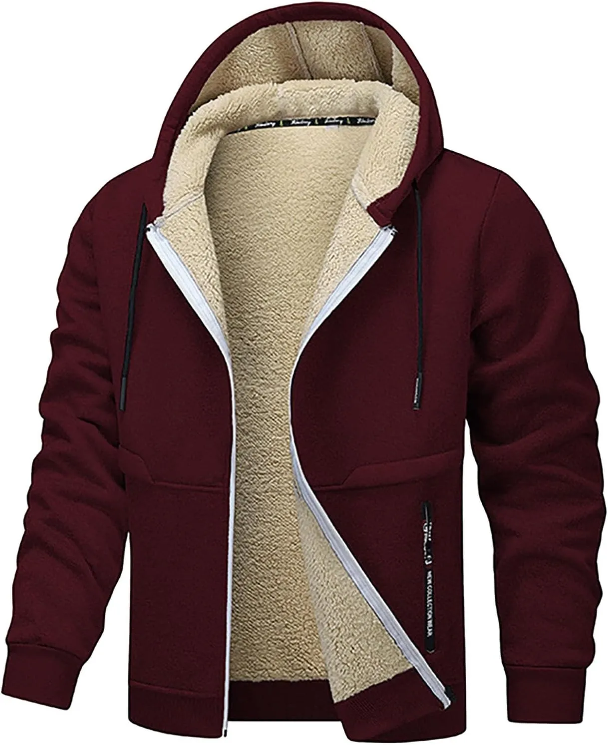 Fleece Lined Jacket for Men Fall Winter Wram Coats Long Sleeve Hooded Jacket Casual Trendy Zipper Outwear with Pockets