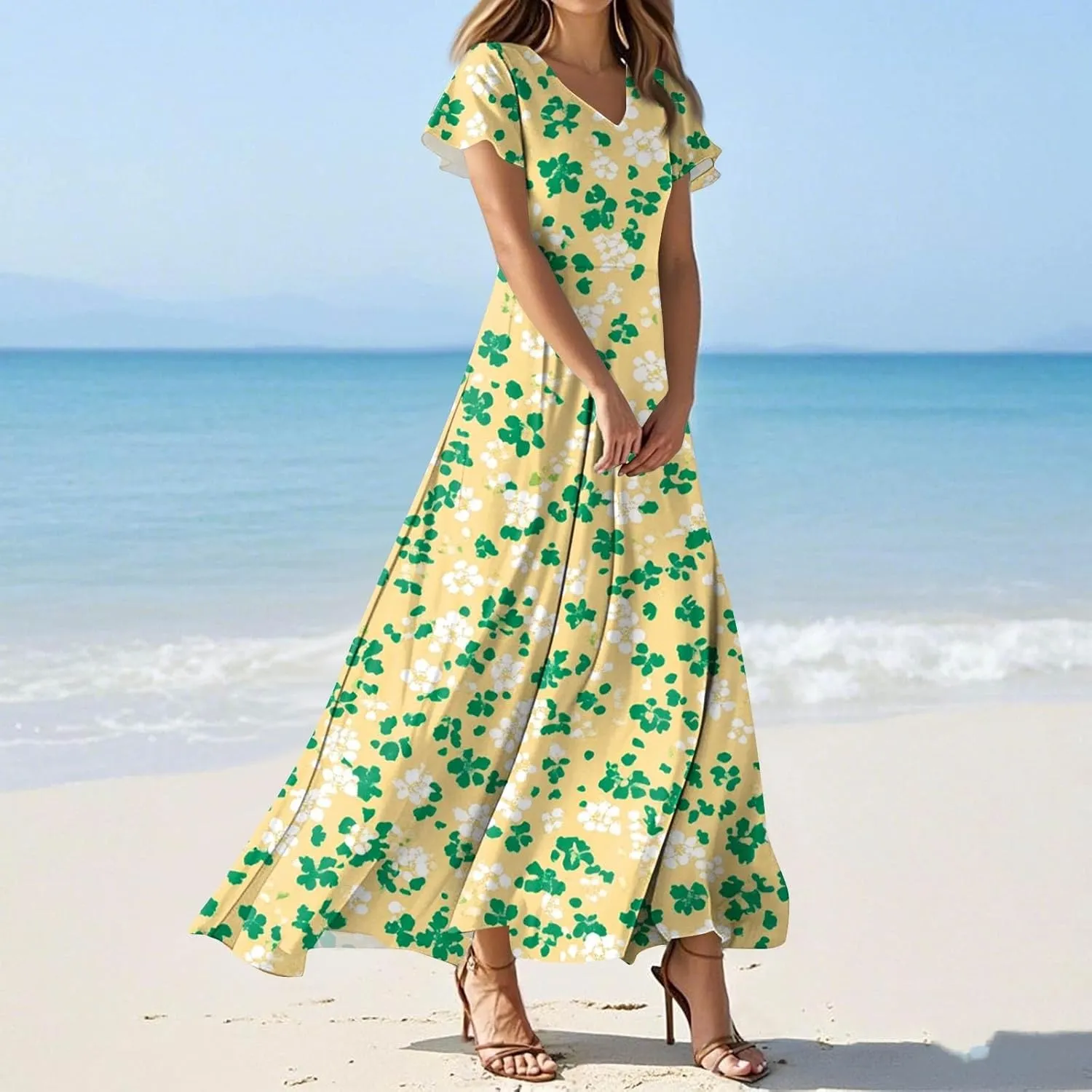Floral Maxi Dresses for Women 2025 Summer Elegant Flutter Sleeve Long Flowy Trendy V Neck Garden Party Dress