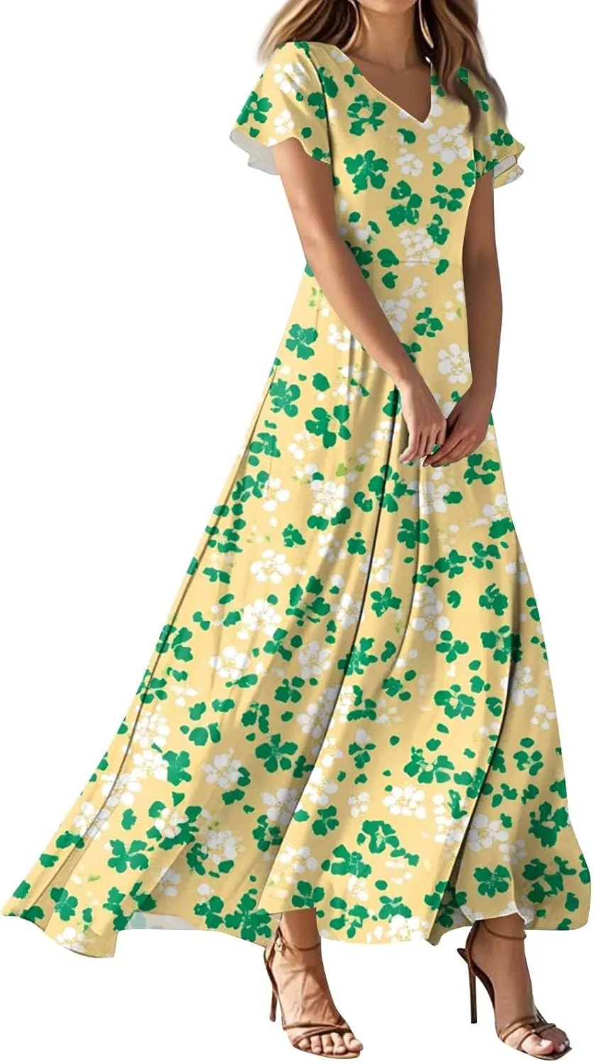 Floral Maxi Dresses for Women 2025 Summer Elegant Flutter Sleeve Long Flowy Trendy V Neck Garden Party Dress