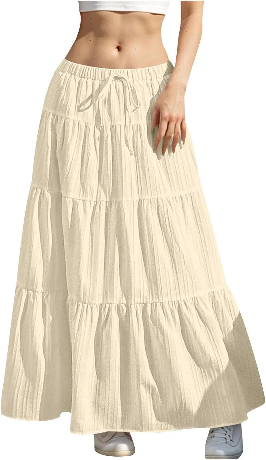 hlysgo Beach Skirts for Women Casual Loose Fit Drawstring Waist Peplum Maxi Skirt 2025 Summer Boho Tiered Vacation Skirts