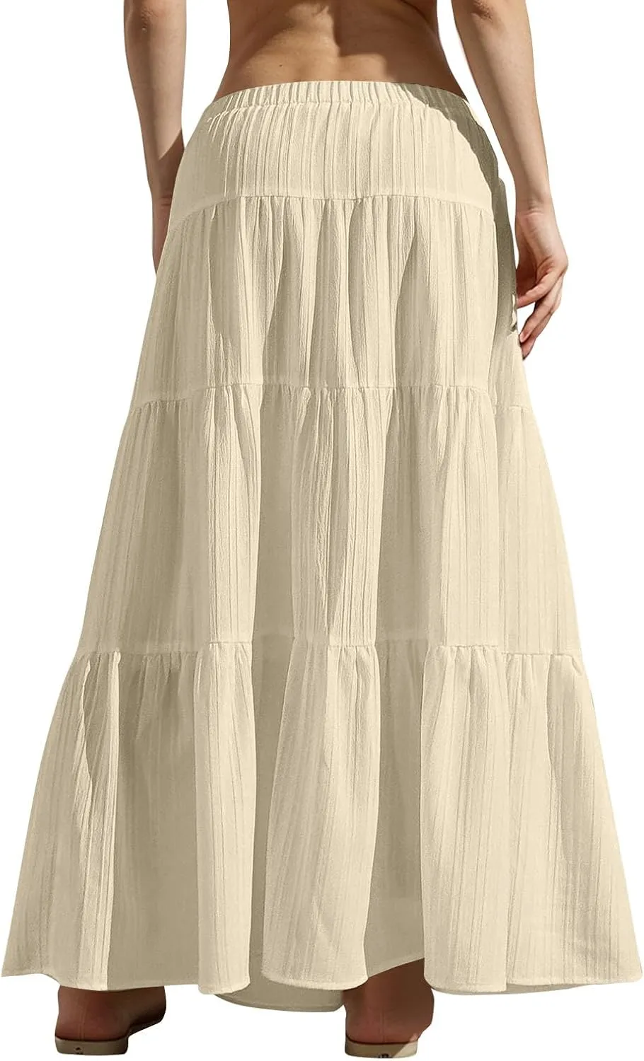 hlysgo Beach Skirts for Women Casual Loose Fit Drawstring Waist Peplum Maxi Skirt 2025 Summer Boho Tiered Vacation Skirts
