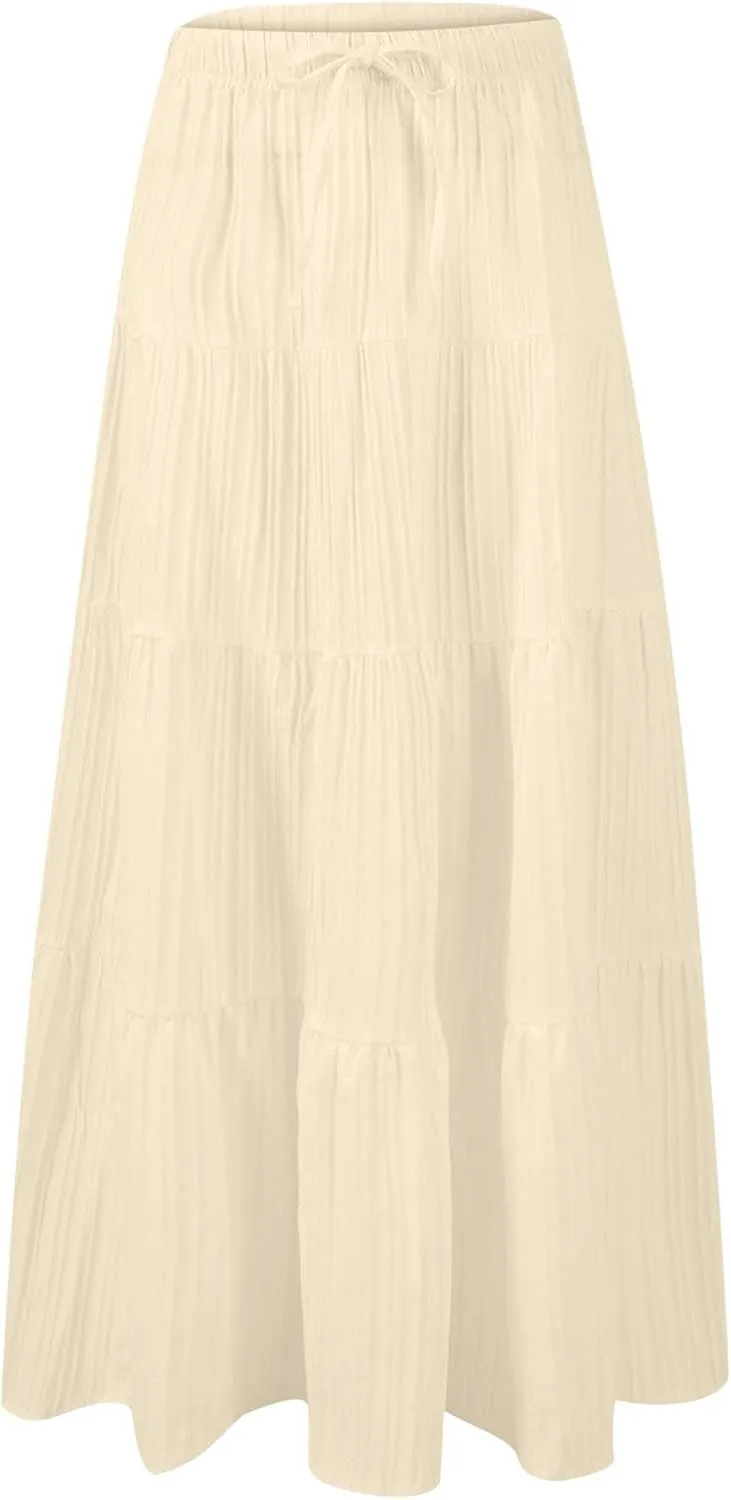 hlysgo Beach Skirts for Women Casual Loose Fit Drawstring Waist Peplum Maxi Skirt 2025 Summer Boho Tiered Vacation Skirts