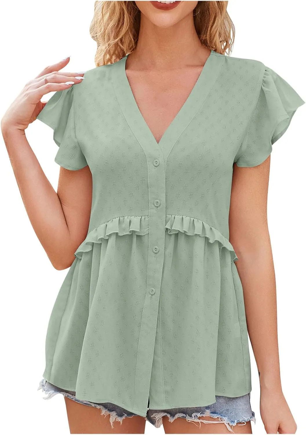 Hollow Out Shirts for Women Summer V Neck Trendy Button Tunics Tops Ruffle Short Sleeve Dressy Casual Blouses