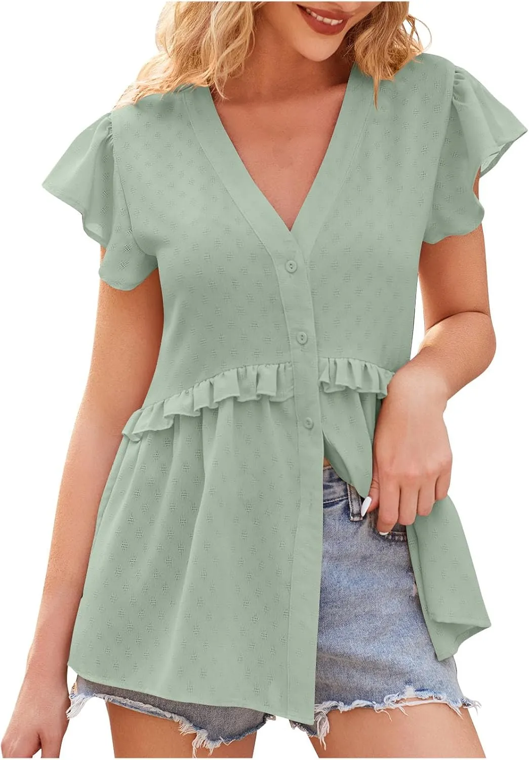 Hollow Out Shirts for Women Summer V Neck Trendy Button Tunics Tops Ruffle Short Sleeve Dressy Casual Blouses