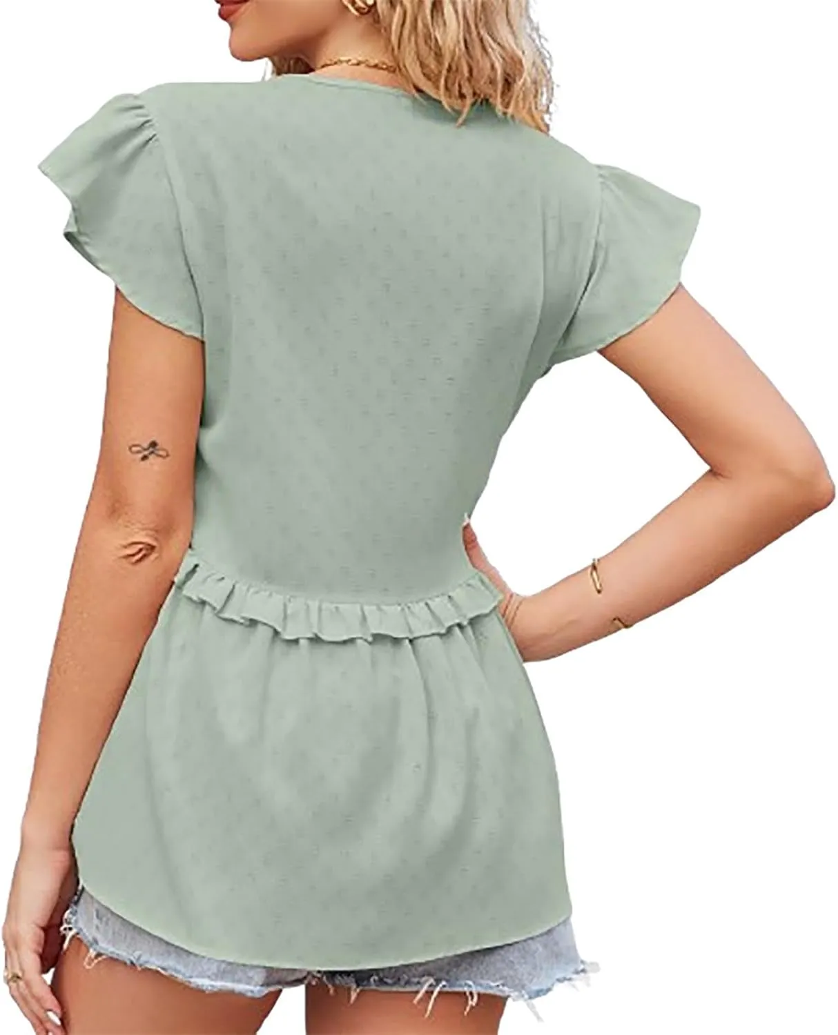 Hollow Out Shirts for Women Summer V Neck Trendy Button Tunics Tops Ruffle Short Sleeve Dressy Casual Blouses