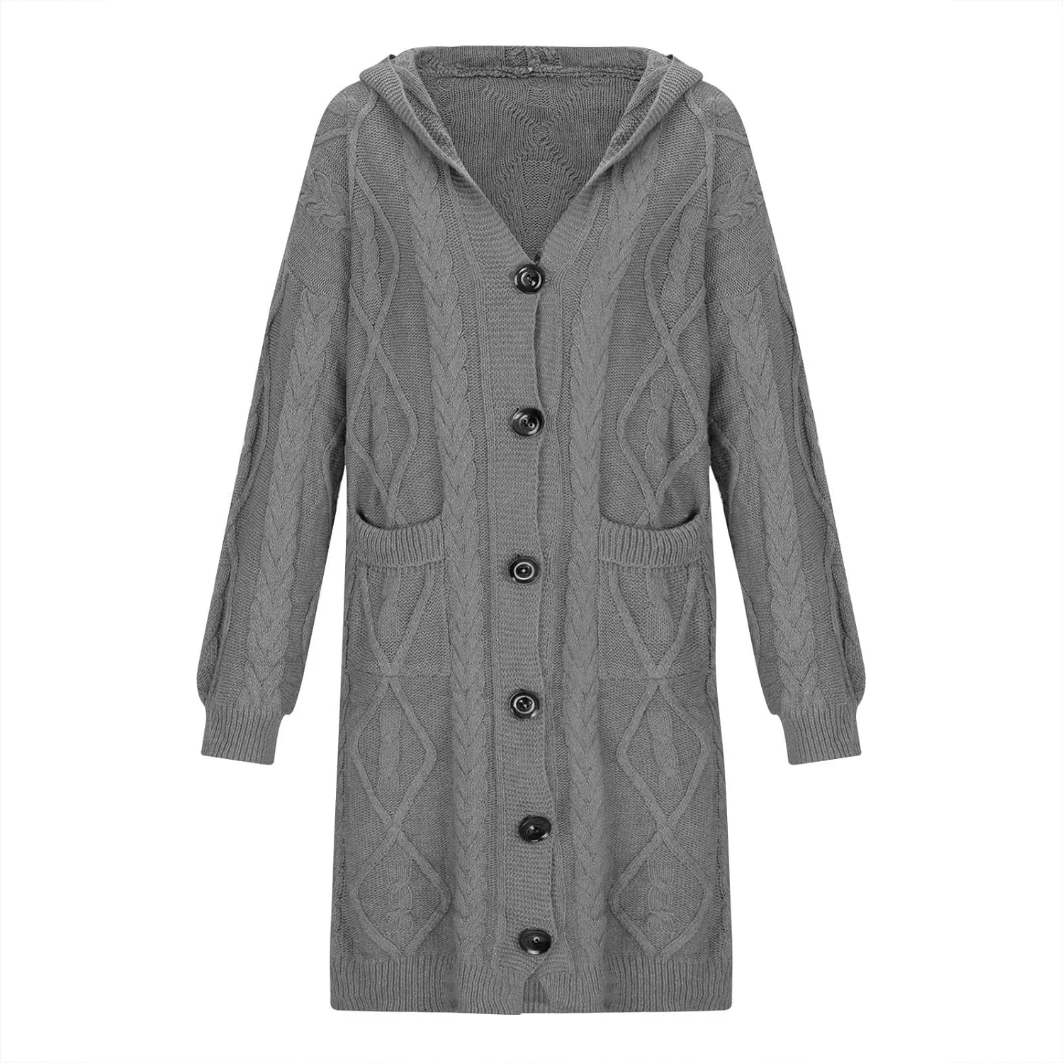 Hooded Cardigan Sweater Womens Fall Winter Cable Knit Knitwear Sweater Coat Button Down Chunky Long Coats with Pockets