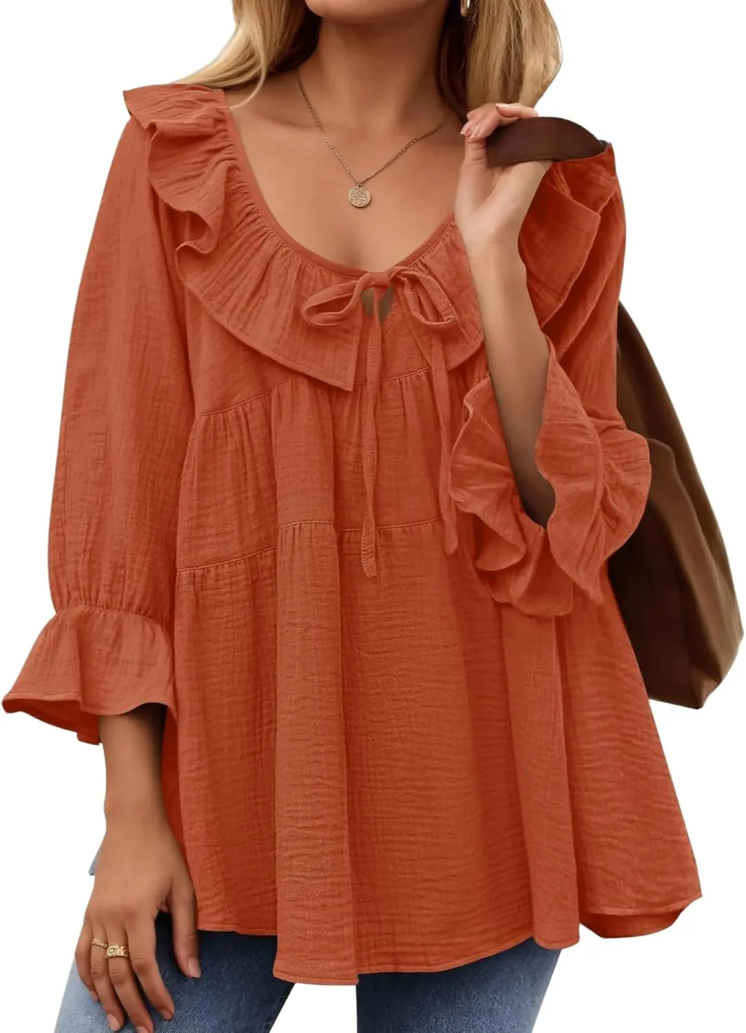 IDEALSANXUN Linen Shirts for Women Summer Tie Front Ruffle 3/4 Sleeve T Shirts Blouse Cute Cotton Linen Tops
