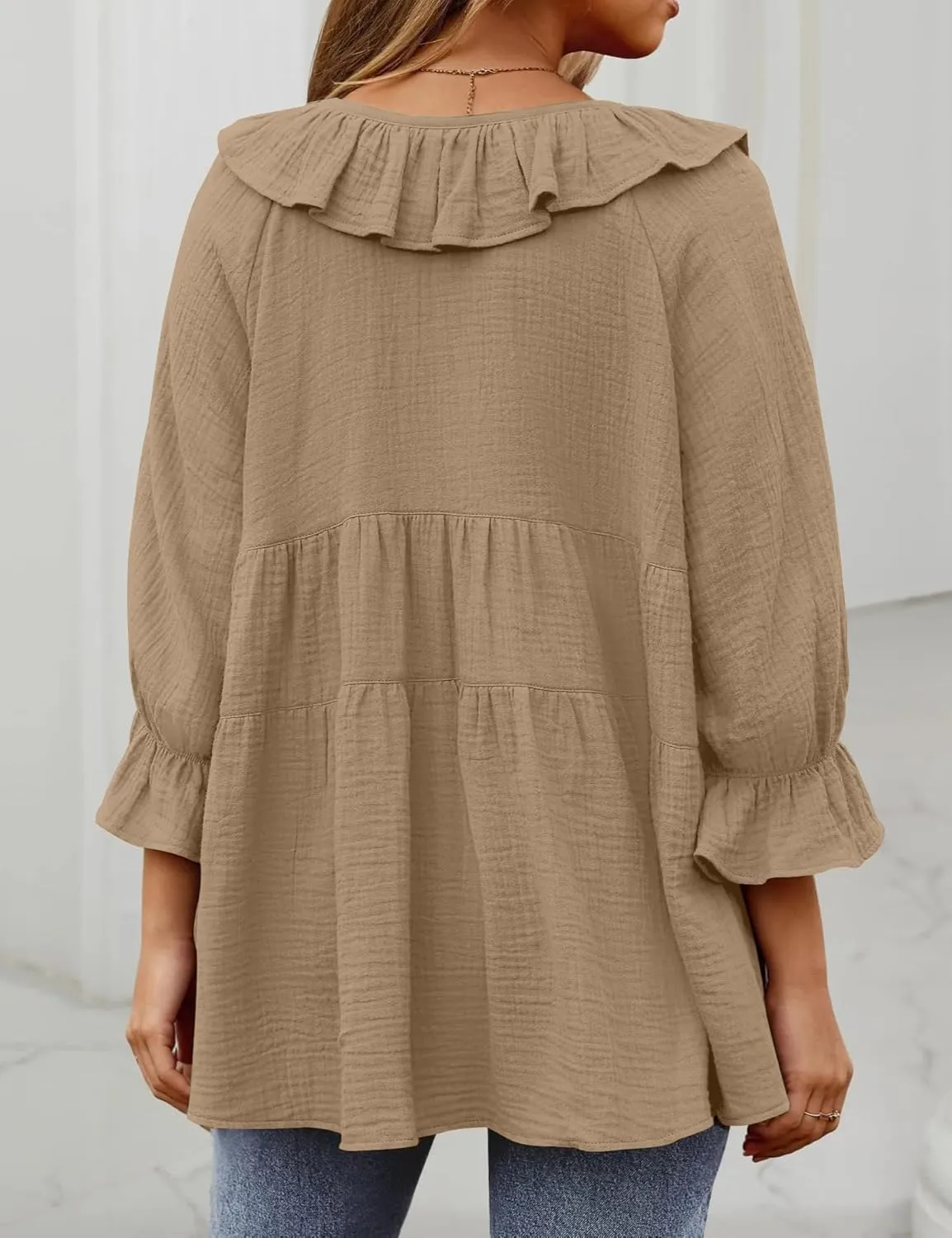 IDEALSANXUN Linen Shirts for Women Summer Tie Front Ruffle 3/4 Sleeve T Shirts Blouse Cute Cotton Linen Tops