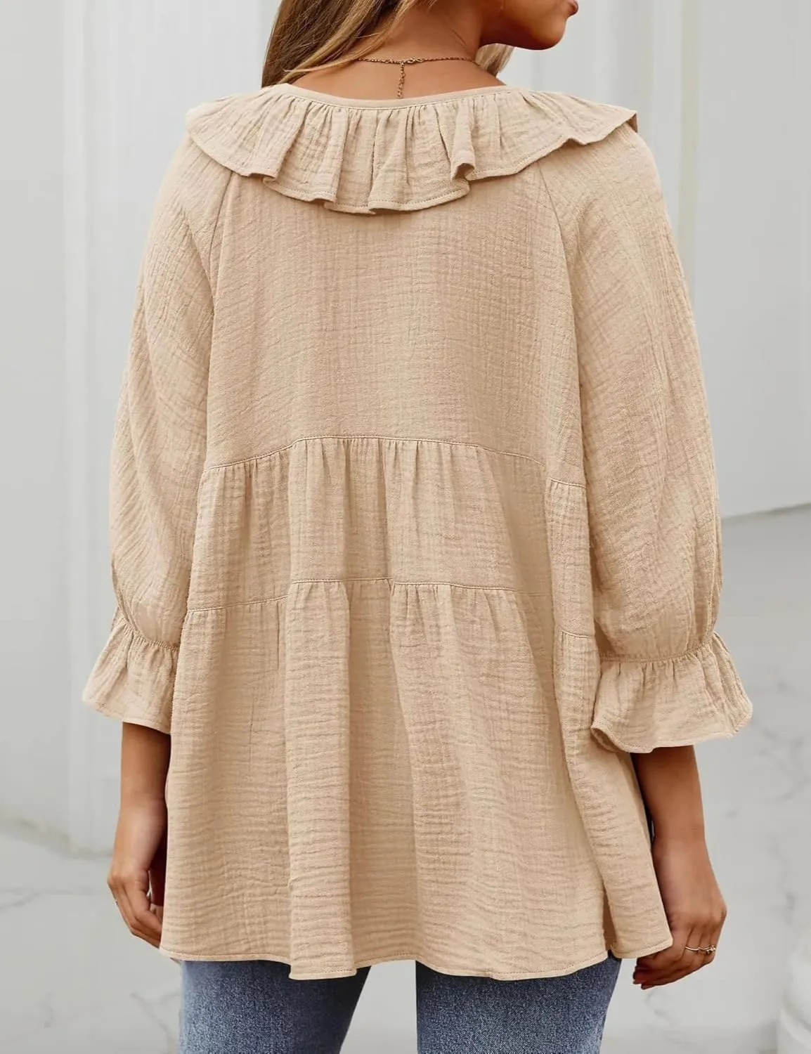 IDEALSANXUN Linen Shirts for Women Summer Tie Front Ruffle 3/4 Sleeve T Shirts Blouse Cute Cotton Linen Tops