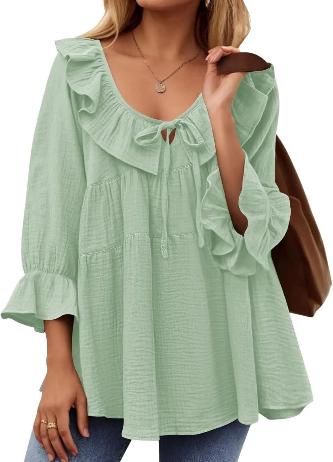 IDEALSANXUN Linen Shirts for Women Summer Tie Front Ruffle 3/4 Sleeve T Shirts Blouse Cute Cotton Linen Tops
