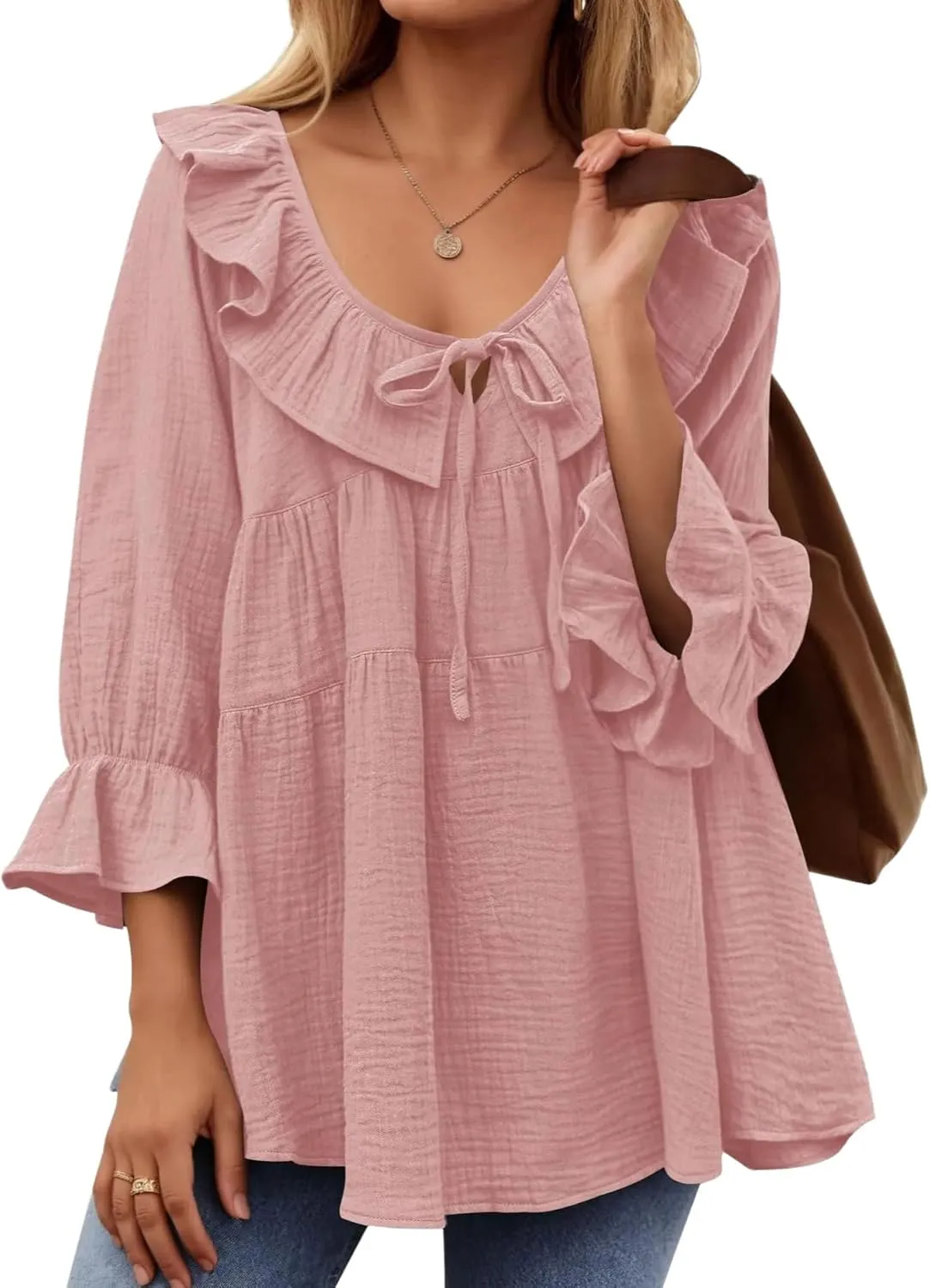 IDEALSANXUN Linen Shirts for Women Summer Tie Front Ruffle 3/4 Sleeve T Shirts Blouse Cute Cotton Linen Tops