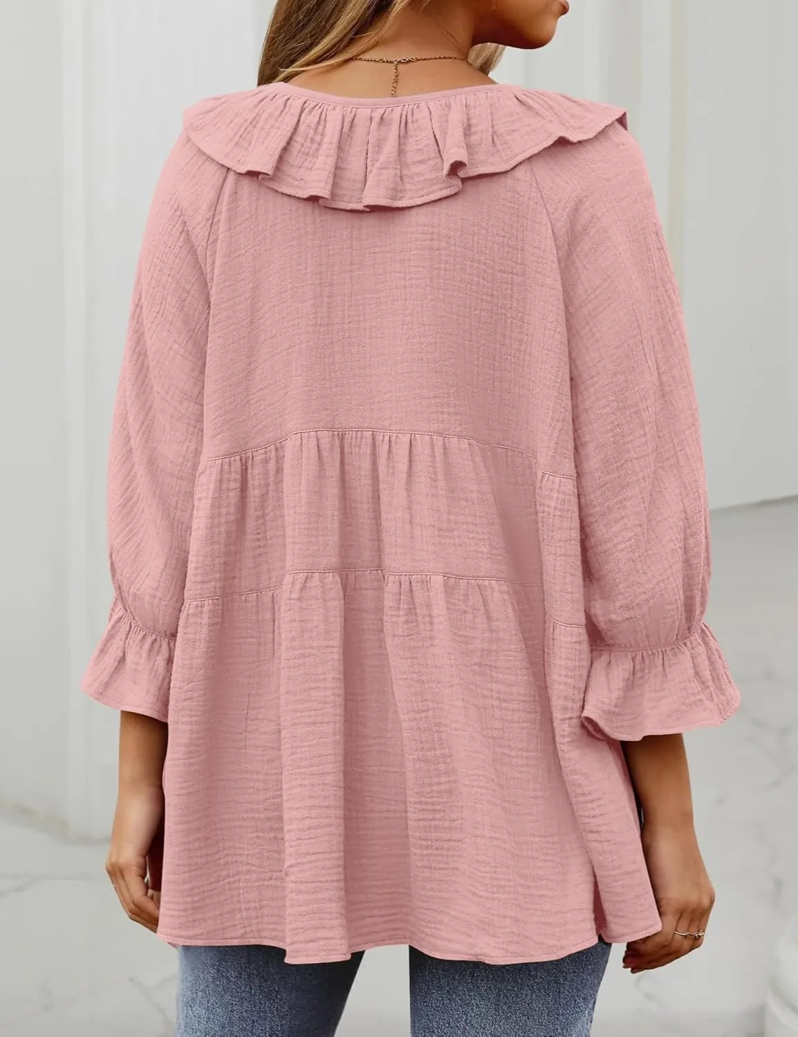 IDEALSANXUN Linen Shirts for Women Summer Tie Front Ruffle 3/4 Sleeve T Shirts Blouse Cute Cotton Linen Tops