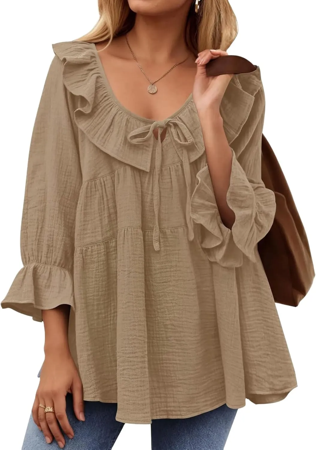 IDEALSANXUN Linen Shirts for Women Summer Tie Front Ruffle 3/4 Sleeve T Shirts Blouse Cute Cotton Linen Tops