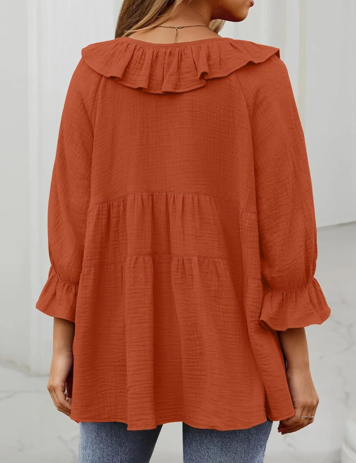 IDEALSANXUN Linen Shirts for Women Summer Tie Front Ruffle 3/4 Sleeve T Shirts Blouse Cute Cotton Linen Tops