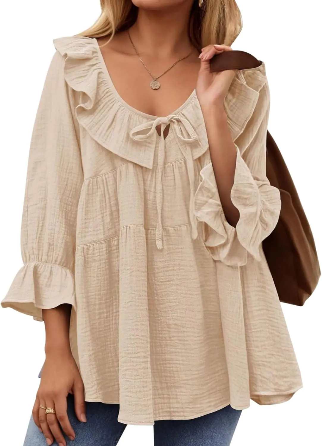IDEALSANXUN Linen Shirts for Women Summer Tie Front Ruffle 3/4 Sleeve T Shirts Blouse Cute Cotton Linen Tops