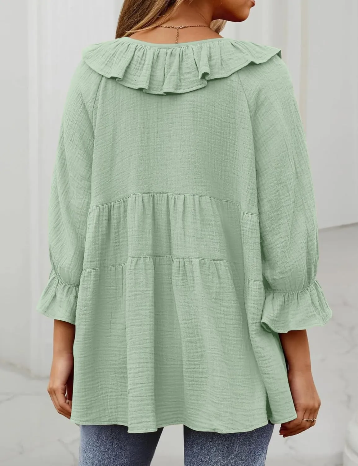 IDEALSANXUN Linen Shirts for Women Summer Tie Front Ruffle 3/4 Sleeve T Shirts Blouse Cute Cotton Linen Tops