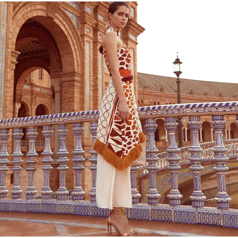 Irregular Tassel Halter Dress