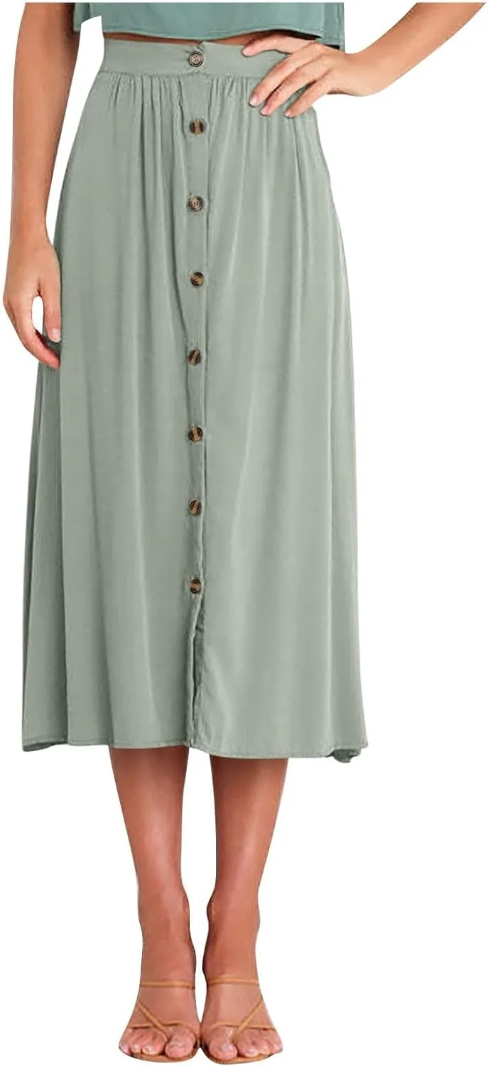 Long Skirts for Women Button Down Elastic High Waist A Line Casual Flowy Tiered Skirt Summer Beach Vacation Skirts