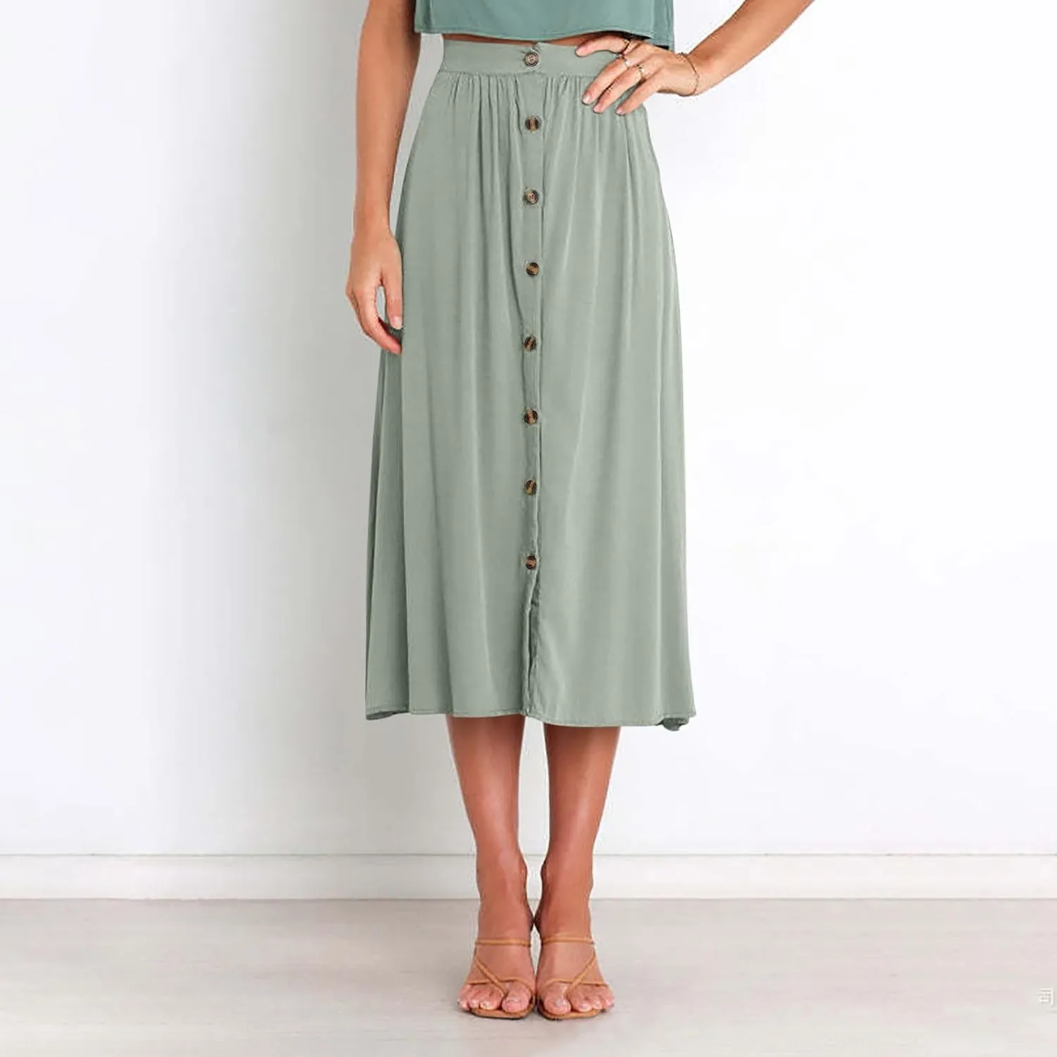 Long Skirts for Women Button Down Elastic High Waist A Line Casual Flowy Tiered Skirt Summer Beach Vacation Skirts