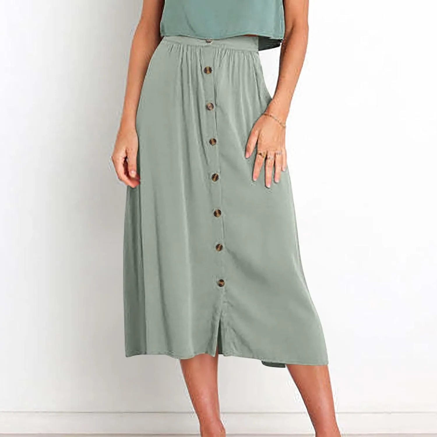 Long Skirts for Women Button Down Elastic High Waist A Line Casual Flowy Tiered Skirt Summer Beach Vacation Skirts