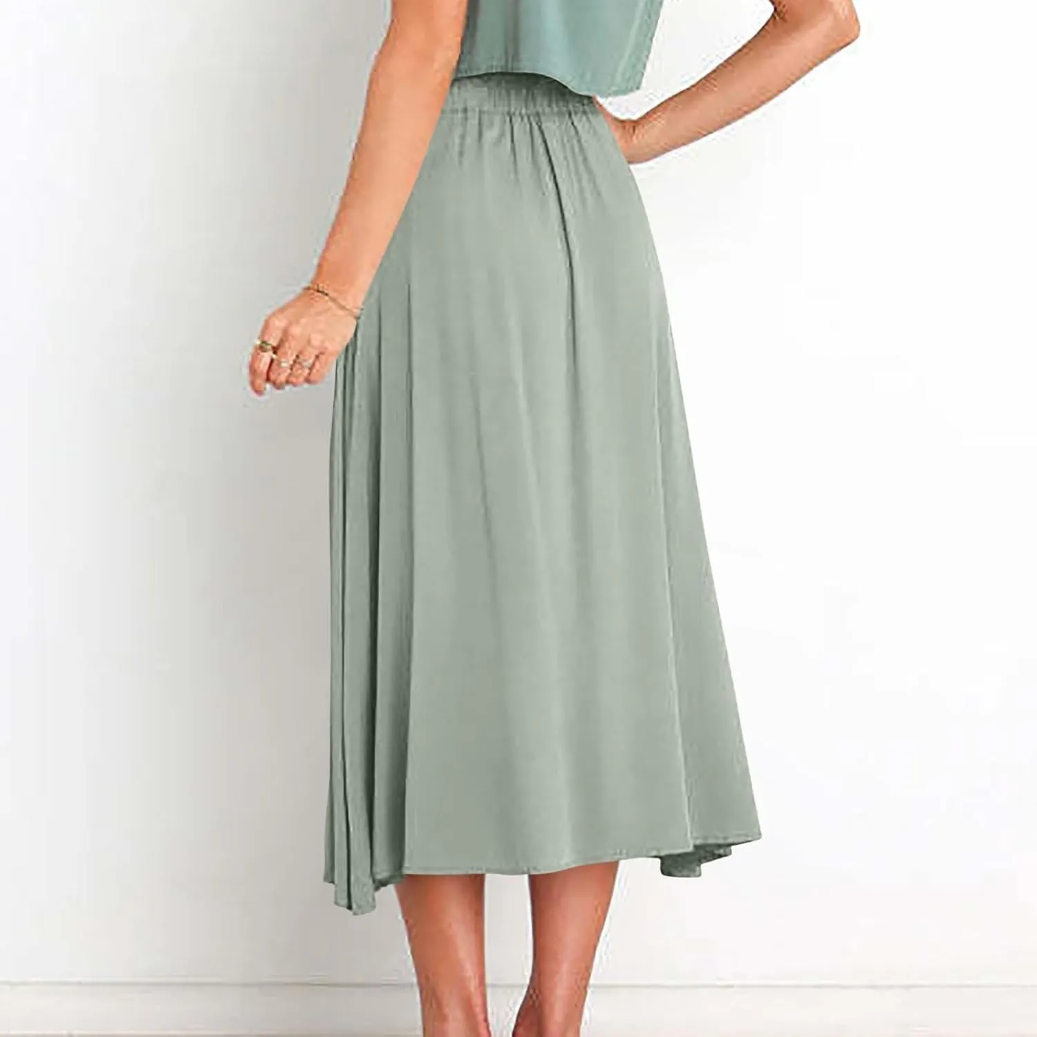 Long Skirts for Women Button Down Elastic High Waist A Line Casual Flowy Tiered Skirt Summer Beach Vacation Skirts