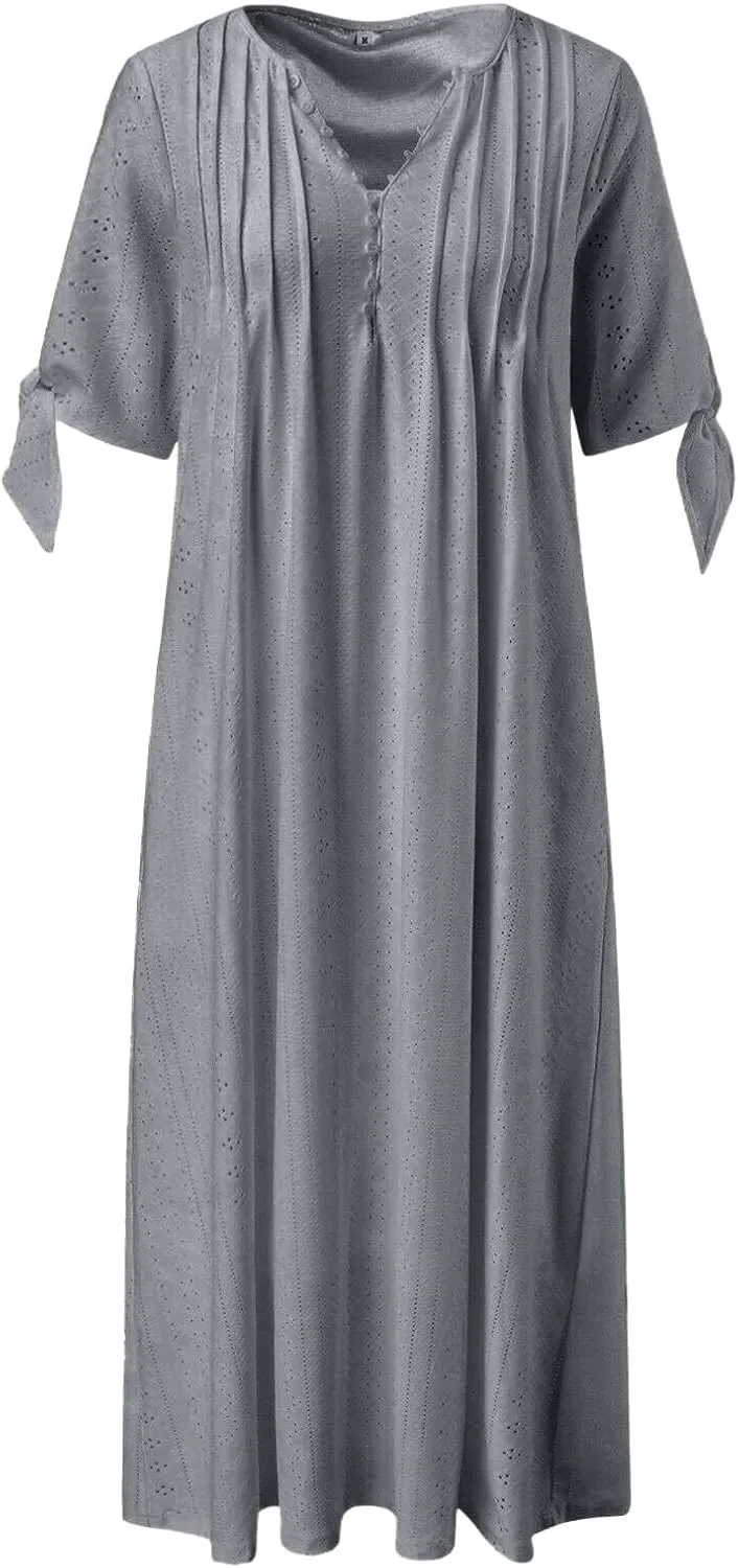 Maxi Long Dresses for Women 2025 Summer Short Sleeve Eyelet Tshirt Dress Casual Beach Vacation Fashion Sundress