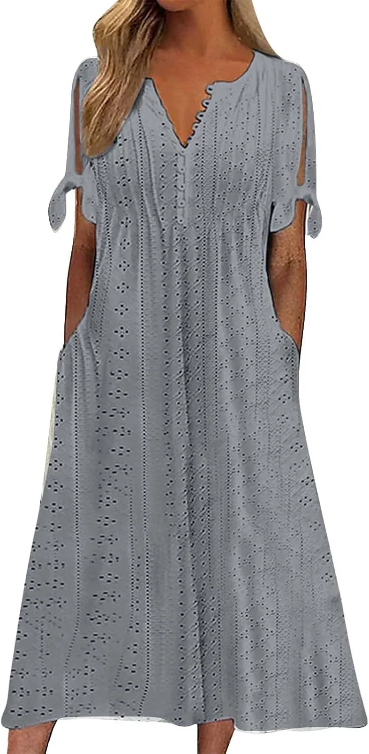 Maxi Long Dresses for Women 2025 Summer Short Sleeve Eyelet Tshirt Dress Casual Beach Vacation Fashion Sundress