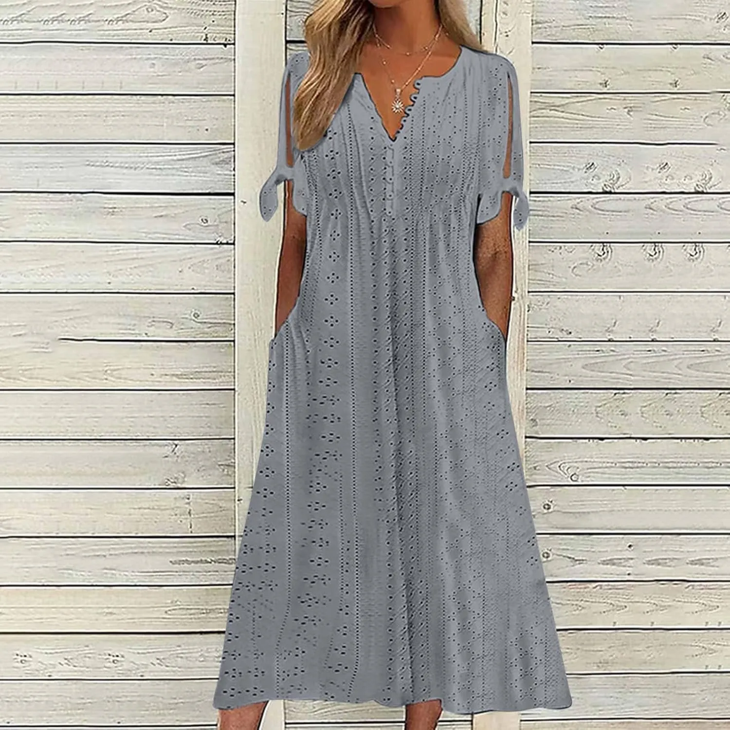 Maxi Long Dresses for Women 2025 Summer Short Sleeve Eyelet Tshirt Dress Casual Beach Vacation Fashion Sundress